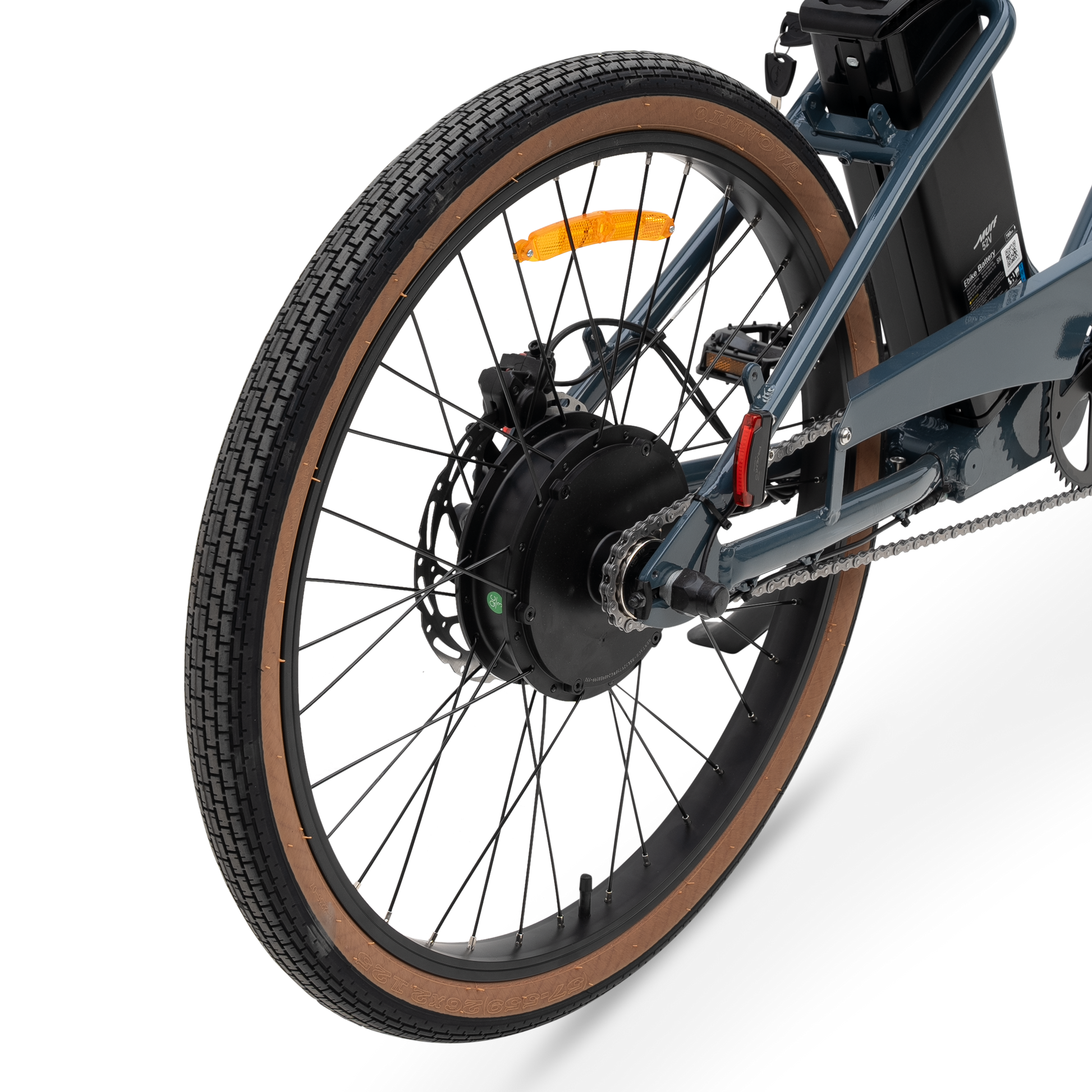Rear Wheel Assembly of The Otis E-Bike - 750W Hub Motor, Hydraulic Disc Brakes, and Street Tires