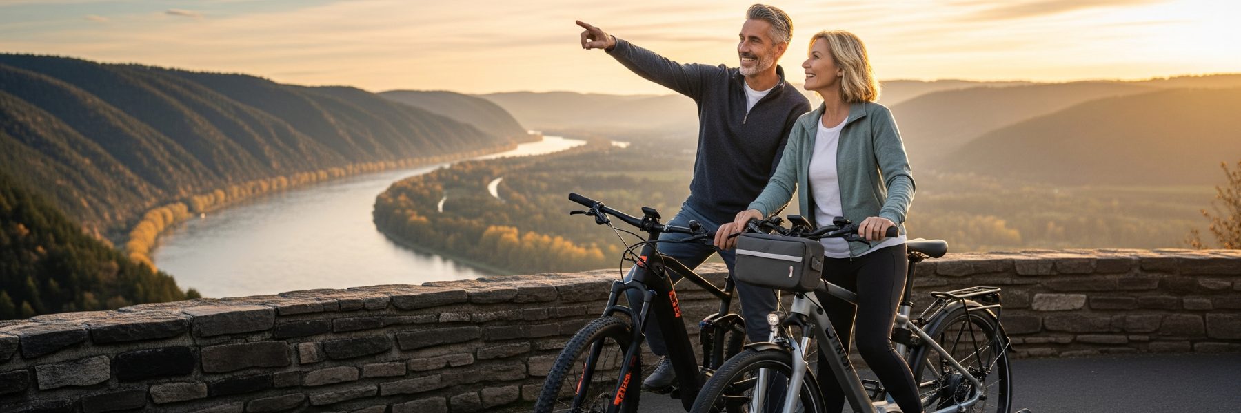 A happy, sophisticated couple in their 50s, paused with their premium e-bikes at a scenic overlook, enjoying a moment of shared discovery at sunset.